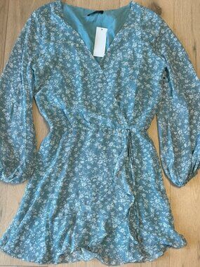 Aakaa Teal and White Floral Wrap Dress NWT Women's Small Fairy Whimsygoth Y2K